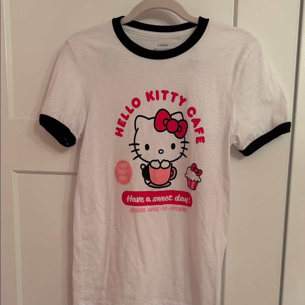Hello Kitty Cafe White Tee with Black and Pink Accents